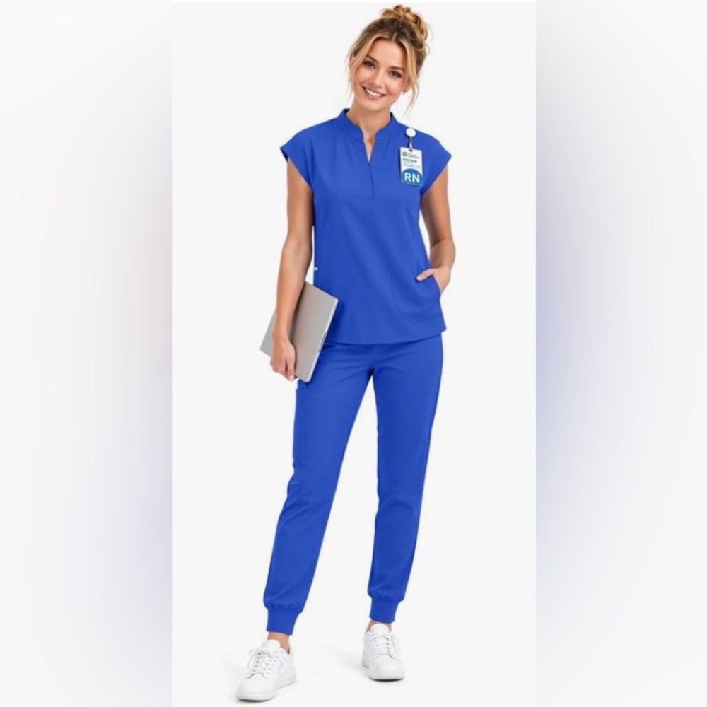 Scrubs Set Sleeveless Stand Collar Top & Jogger Pants Royal Blue Size Large NEW